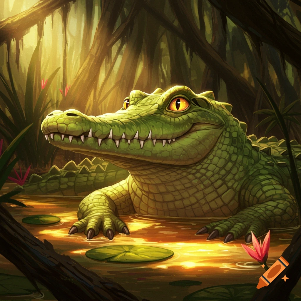 a cartoon alligator smiling in a swamp