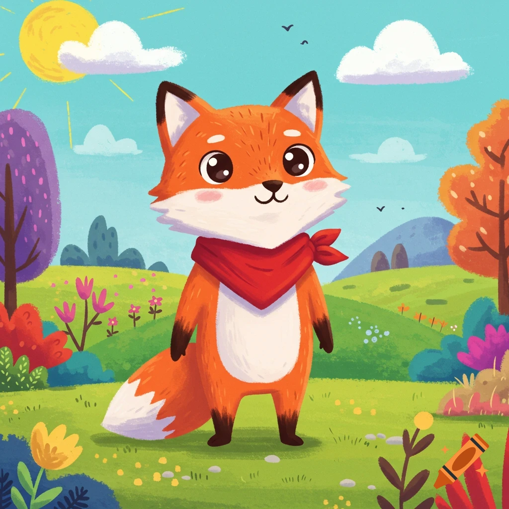 A friendly cartoon fox wearing a red scarf stands in a bright, colorful meadow with trees and hills in the background. Illustrated style.