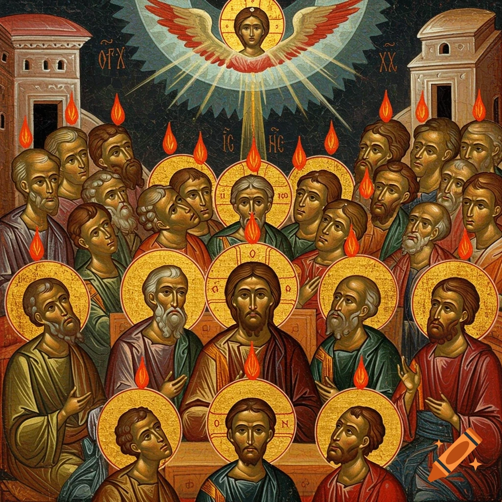 Christian icon painting depicting Pentecost with apostles, Jesus, flames, and a divine figure above.