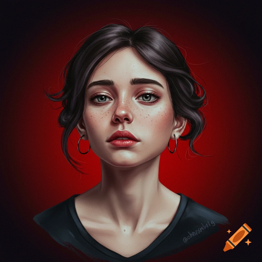 A portrait of a young woman with dark hair, freckles, and hoop earrings on a red background.