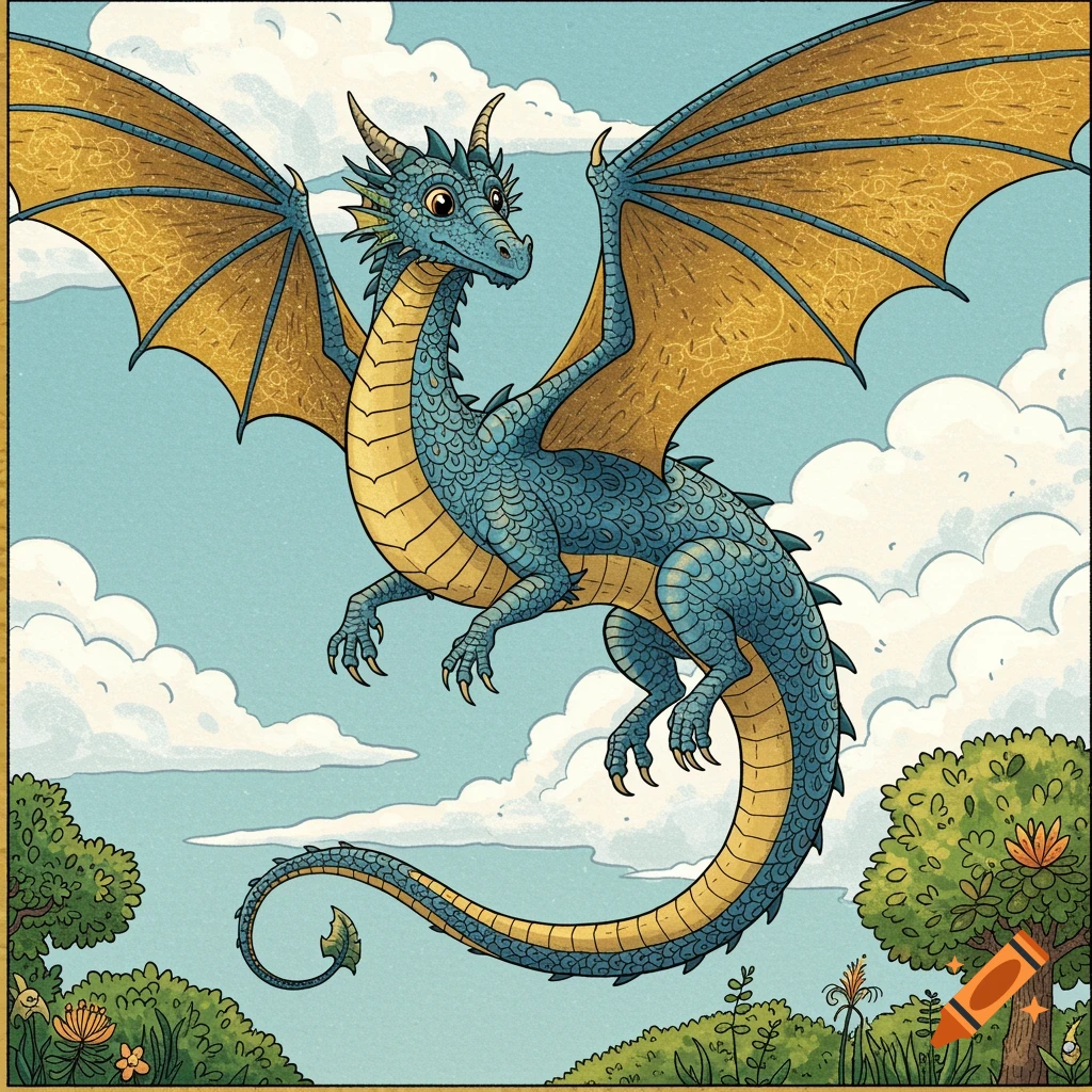 An illustration of a blue and gold dragon with outstretched wings flying in a sky with clouds and trees below.