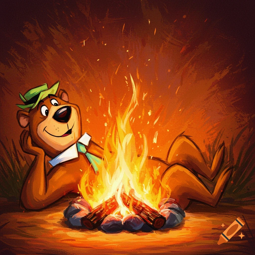 Cartoon bear lying next to a campfire.