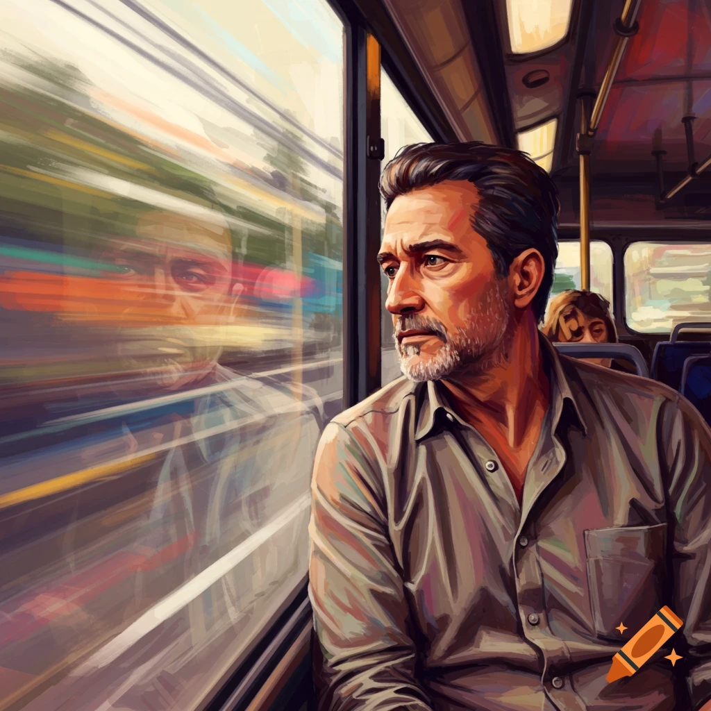 A man with a beard looks out a bus window at blurred scenery passing by.