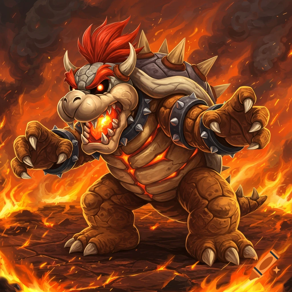 Dry Bowser standing in a fiery landscape.