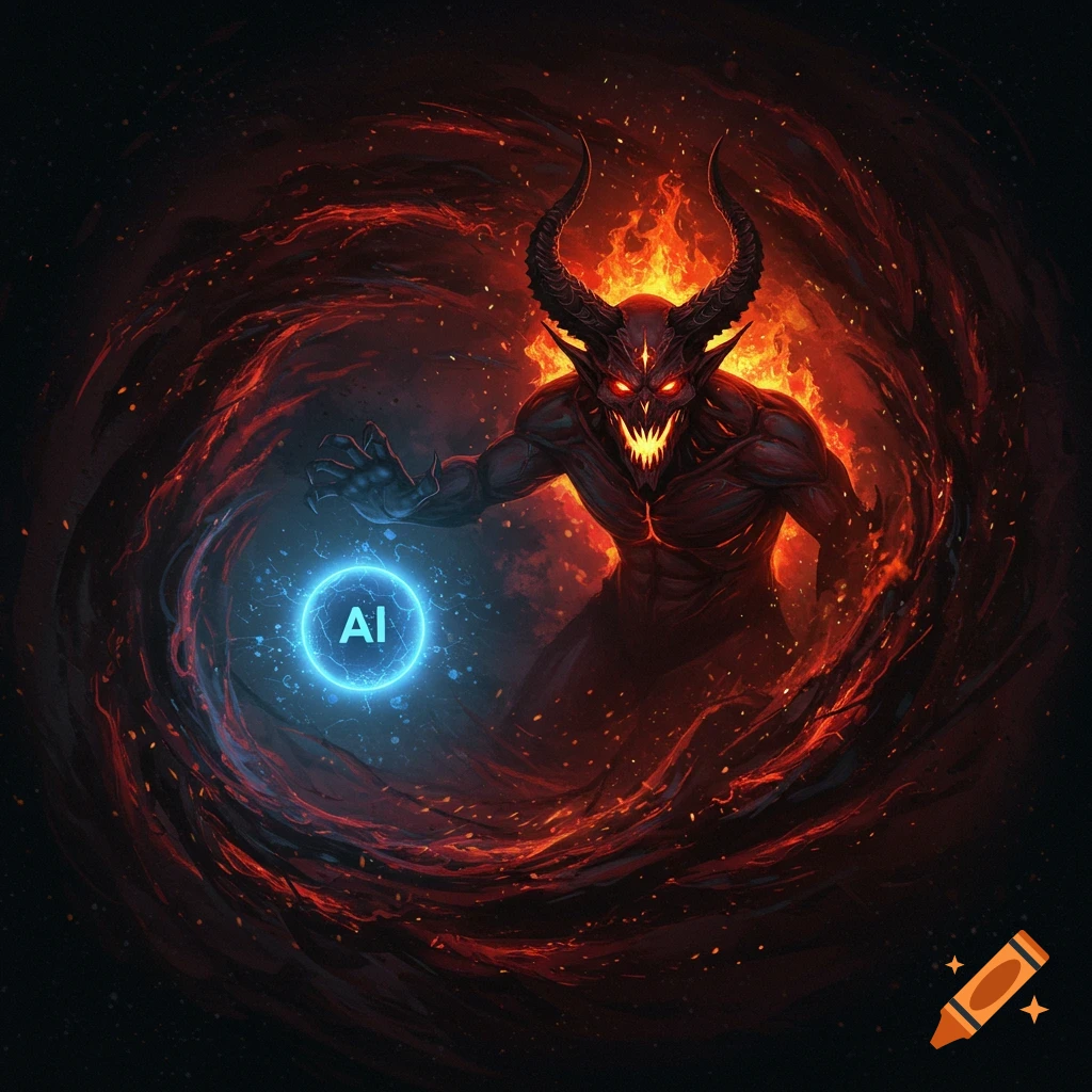 A horned demon emerging from fire, holding a glowing sphere with 'AI' on it.