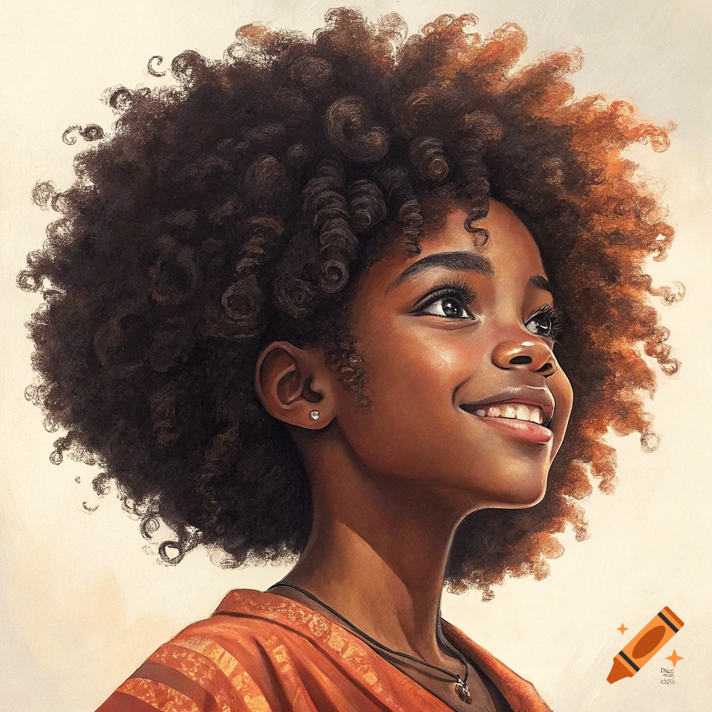 Close-up illustration of a young Black girl with large afro hair, looking up and smiling.