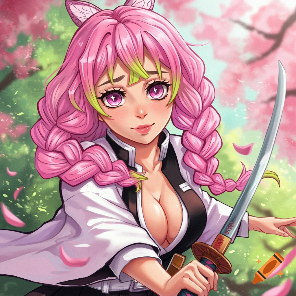 Anime character Mitsuri Kanroji with pink hair and sword among cherry blossoms.