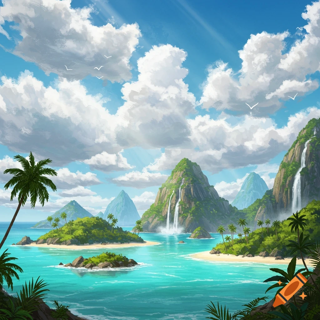 Tropical islands with beaches, mountains, waterfalls, palm trees, and clouds.
