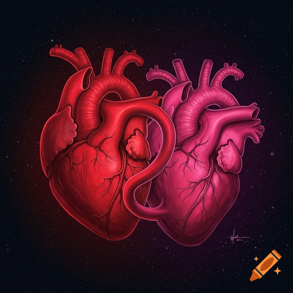 Two stylized red and pink anatomical hearts intertwined against a starry black background.