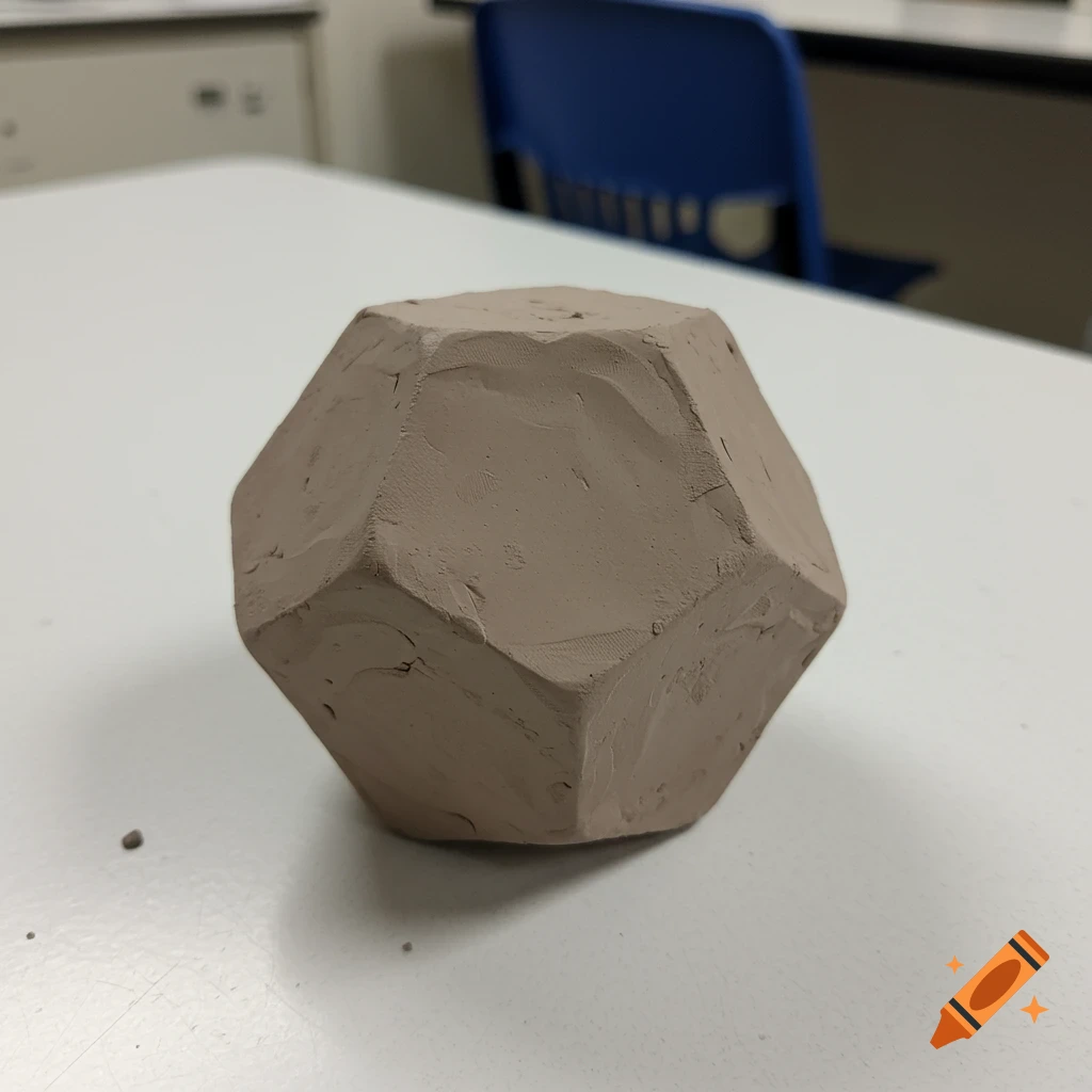 A faceted clay sculpture on a white table in a blurred room.
