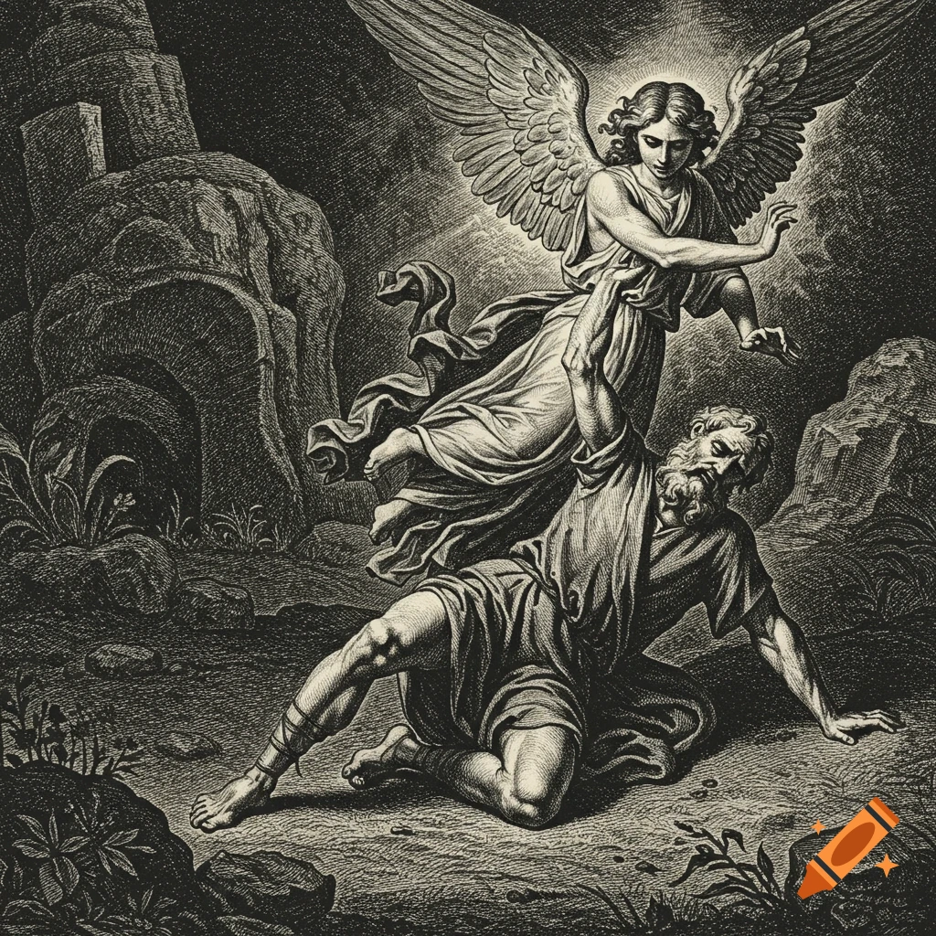An angel lifts a man from the ground in a rocky landscape, pen and ink engraving style.