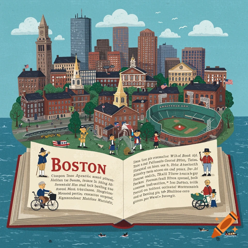 Stylized depiction of Boston landmarks and figures in a pop-up book.