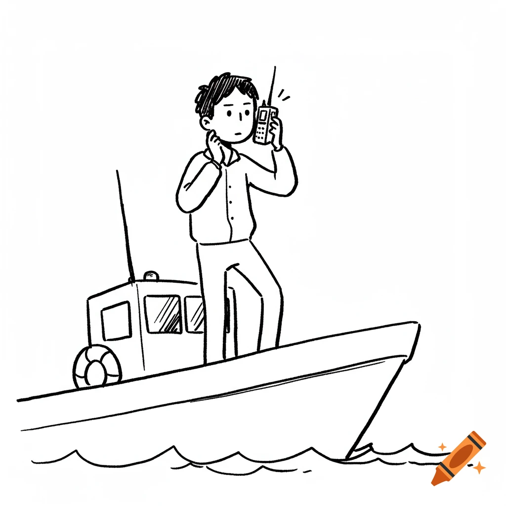 Simplified drawing of a person holding a handheld radio on a boat.