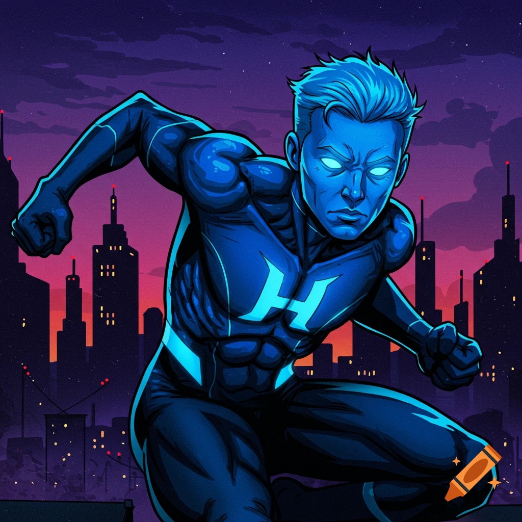A blue superhero with glowing eyes and an H symbol on chest, posed over a city skyline.