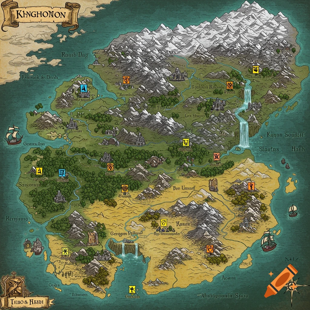 An illustrated fantasy map of an island landmass with mountains, forests, rivers, lakes, towns, ships, and labeled locations.