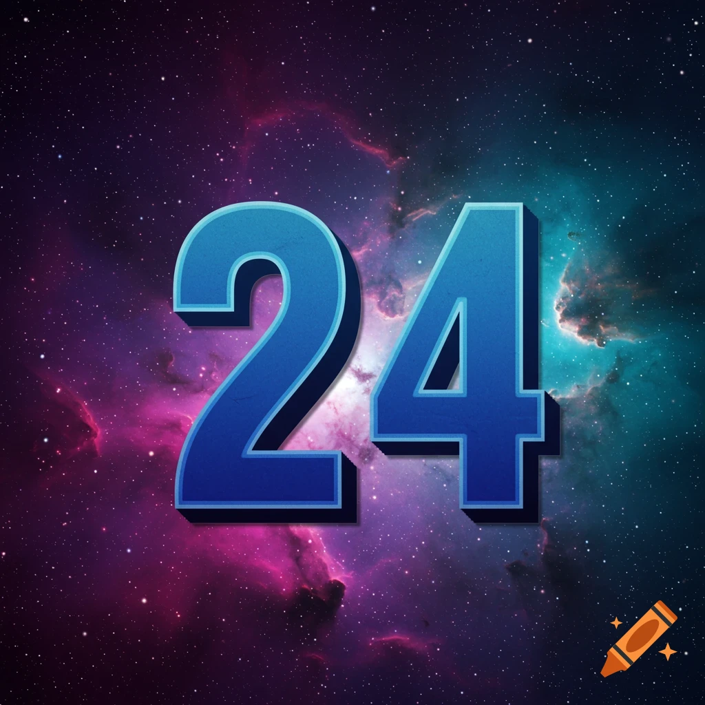 The number 24 in blue with a shadow, against a nebula and stars background.