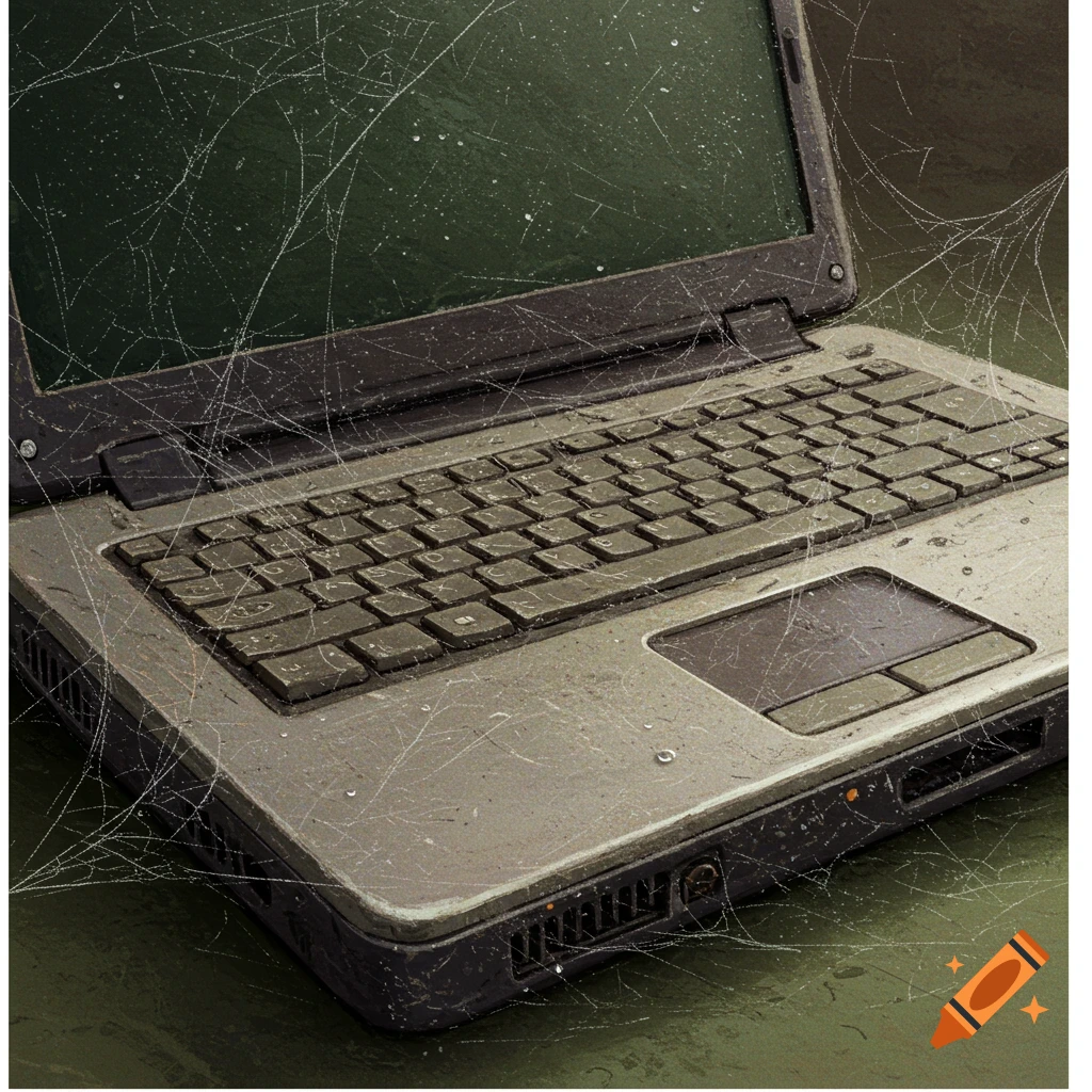 Close-up of an ancient dusty laptop covered in cobwebs and scratches.