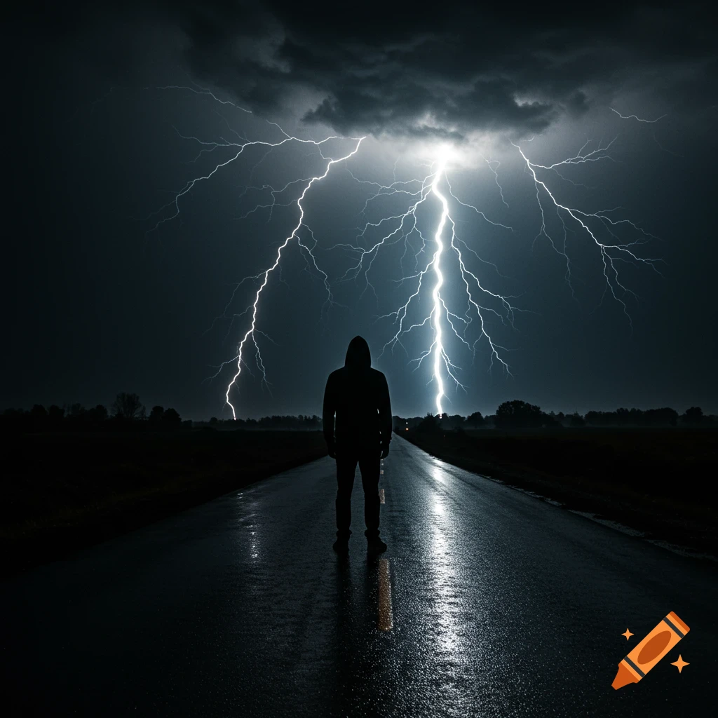 Silhouette figure stands on wet road under stormy sky with lightning.