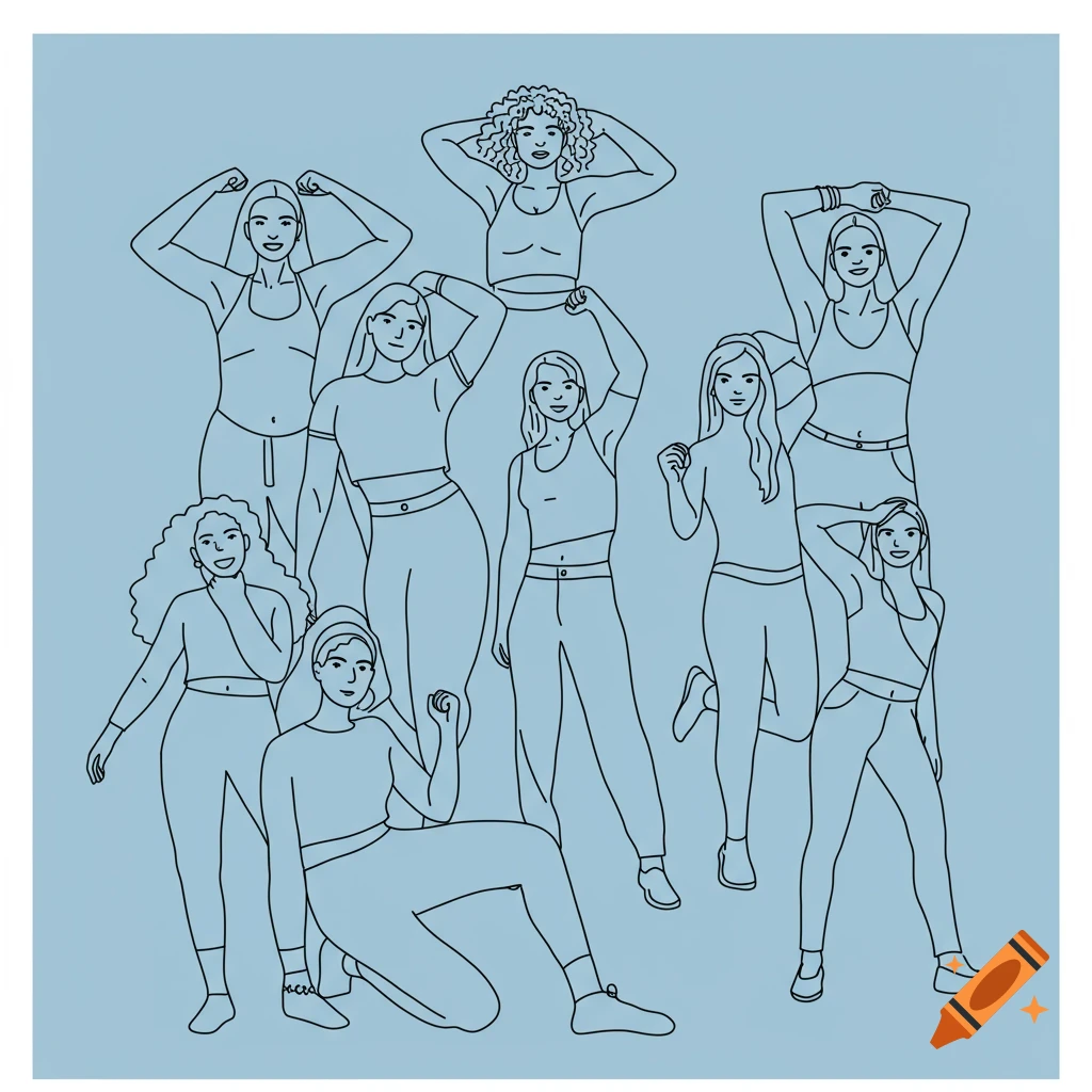 Line art illustration of multiple women in dynamic poses against a blue background.