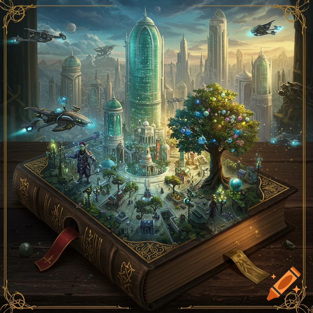 A fantasy city on an open book with futuristic airships.