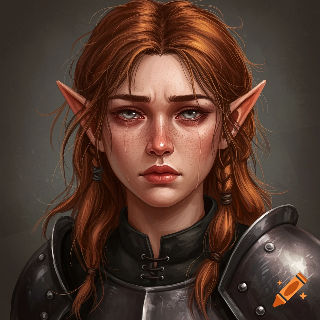 Portrait of a crying female elf in armor.
