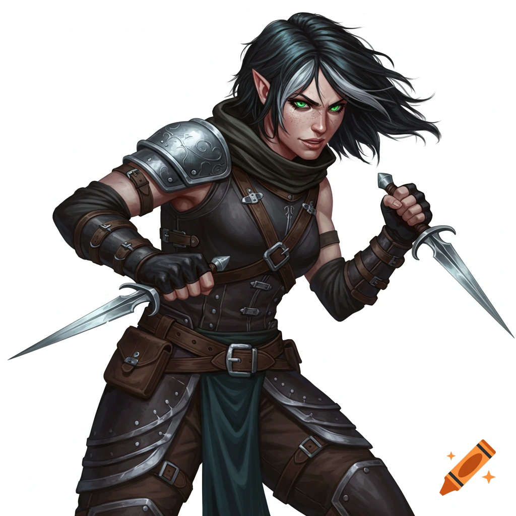 A female fantasy rogue with green eyes and daggers on a white background.