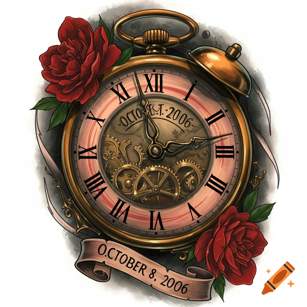 A vintage pocket watch with Roman numerals, gears showing, and red roses, with a banner below displaying 'OCTOBER 8, 2006' in a tattoo art style.