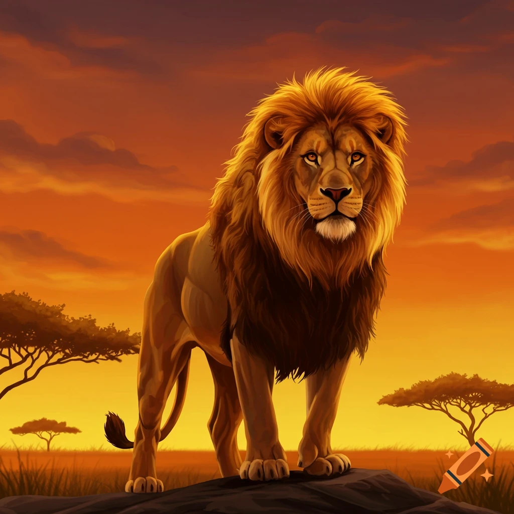 A majestic lion stands on a rock in a savanna landscape under an orange sunset sky.