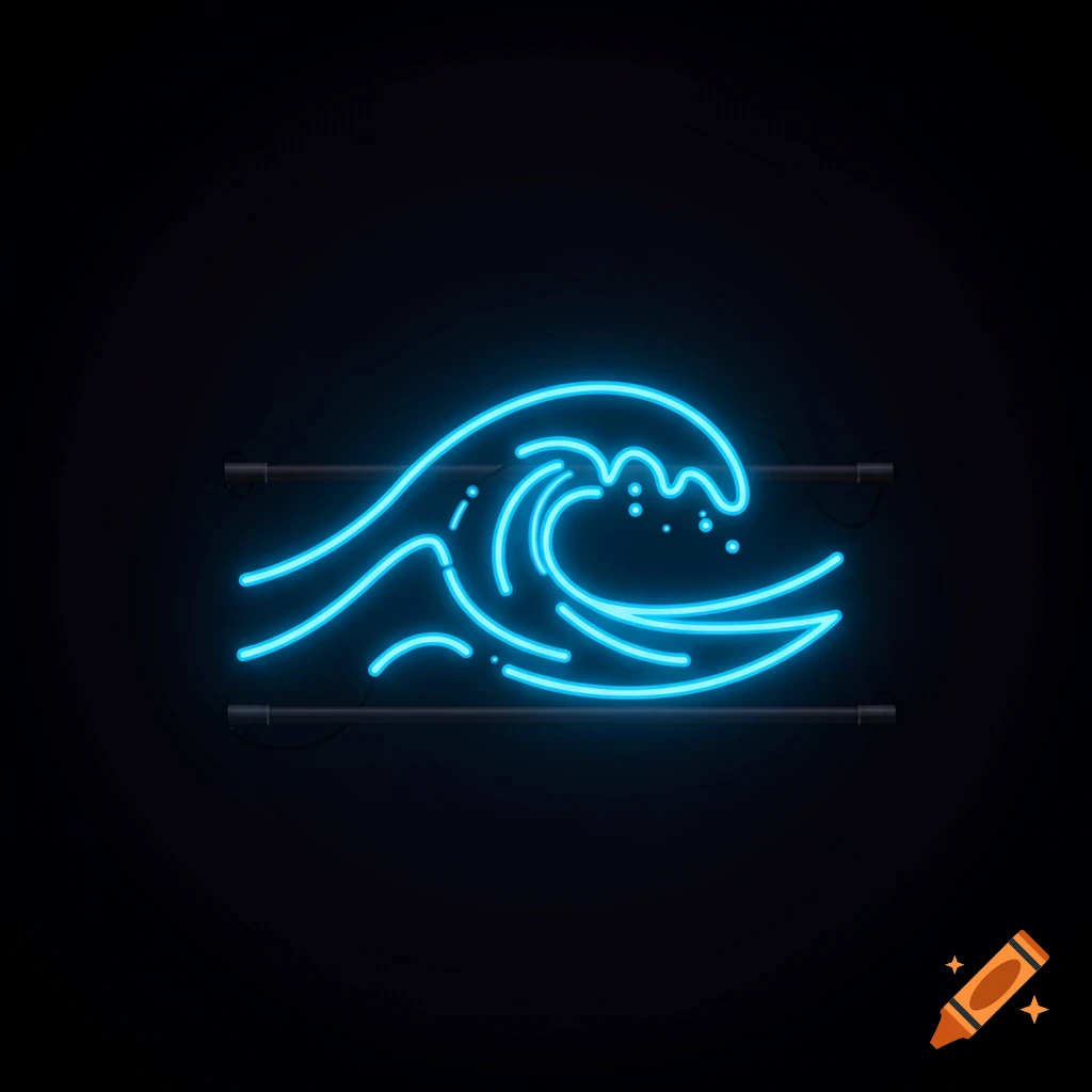 A blue neon wave sign on a black background.