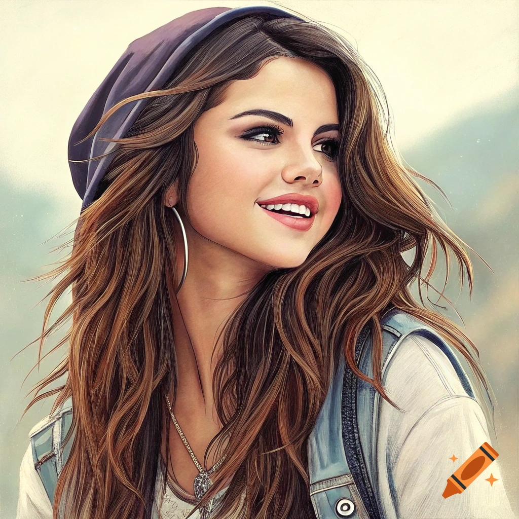 Stylized portrait of a smiling young woman with long brown hair wearing a hood and denim jacket.