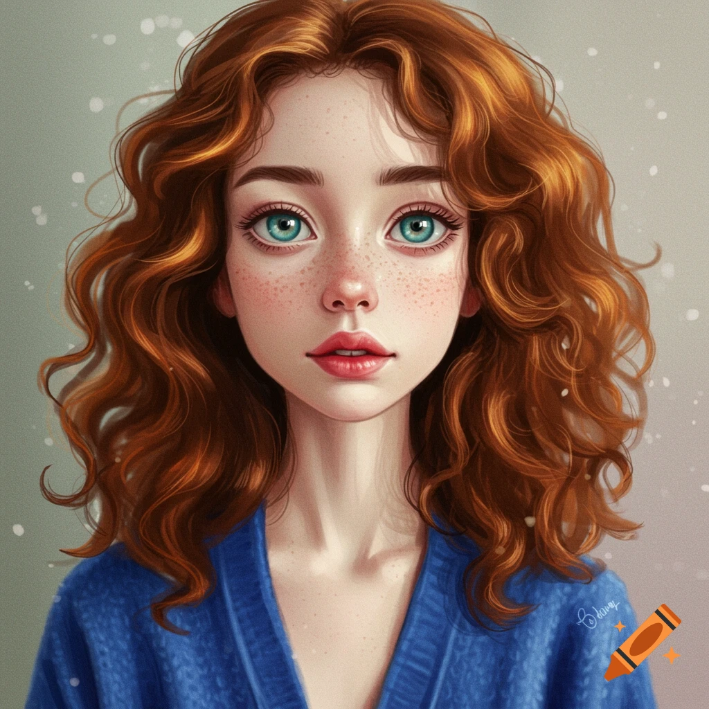 A young girl with curly red hair, freckles, and blue-green eyes, wearing a blue sweater.