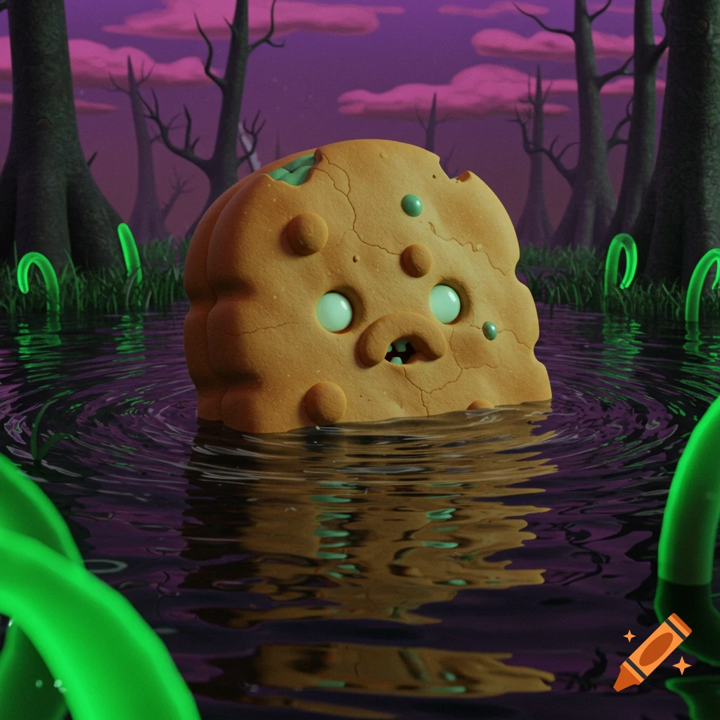 A cookie-like creature with eyes and a mouth emerges from dark water in a spooky swamp with green plants, in the style of Adventure Time.