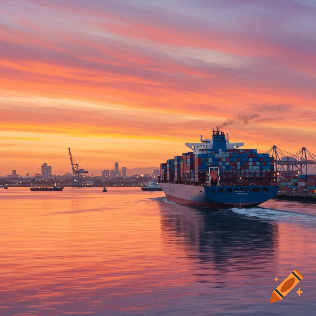 A cargo ship departs a port at sunset.