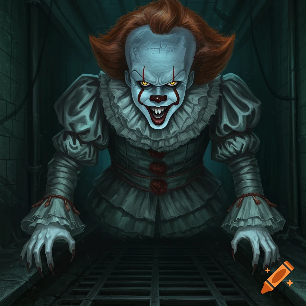 Pennywise the clown looking menacing while crawling out of a sewer grate.