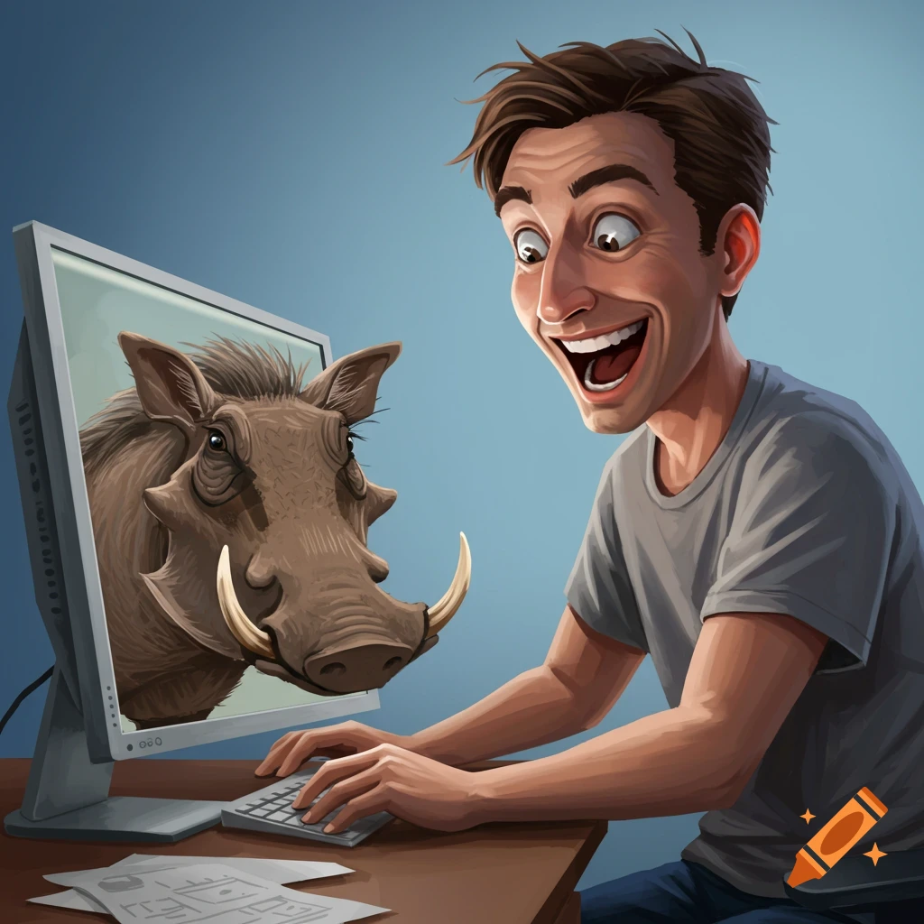 An excited man watching a warthog emerge from his computer screen.