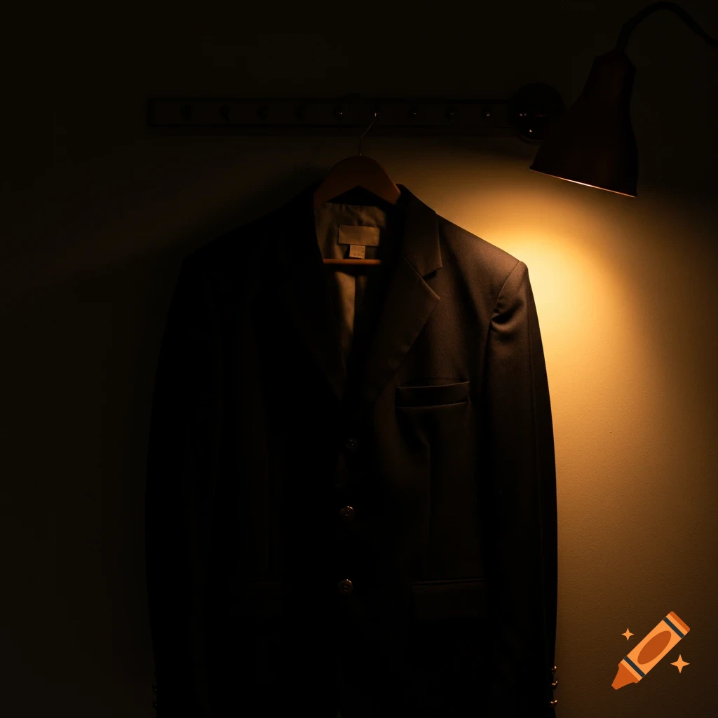 A black blazer jacket hangs on a rack in a dimly lit room, illuminated by a warm amber lamp