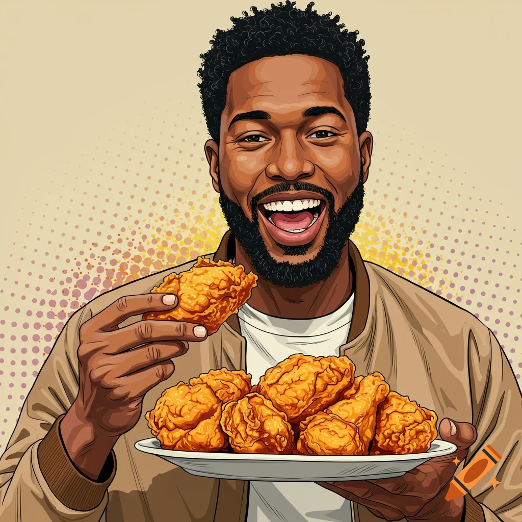 A Black man smiles, holding a piece of fried chicken and a plate full of chicken.