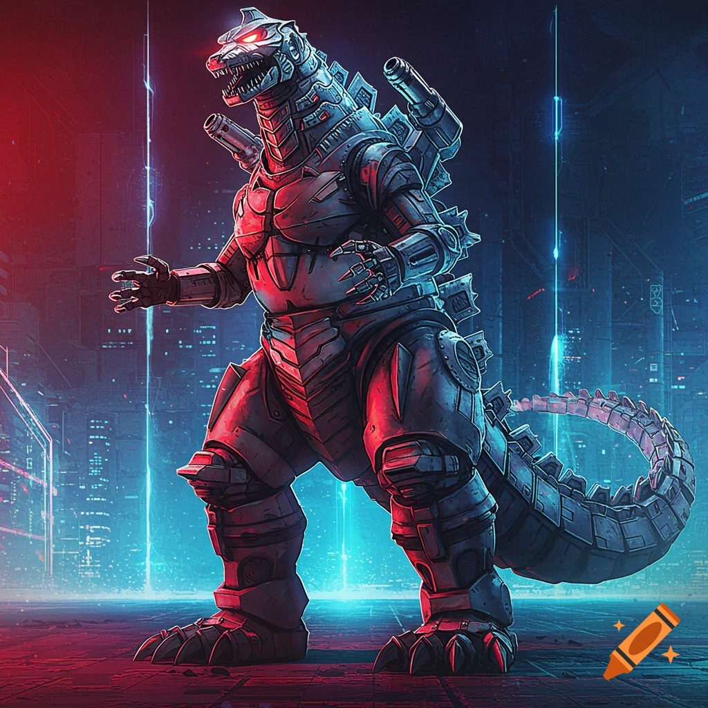 Mecha Godzilla standing in a futuristic city with red and blue lighting.