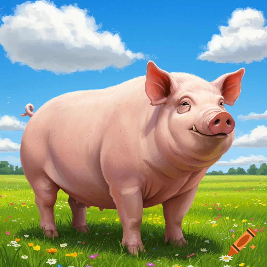 A pink pig in a field of wildflowers under a blue sky with clouds.