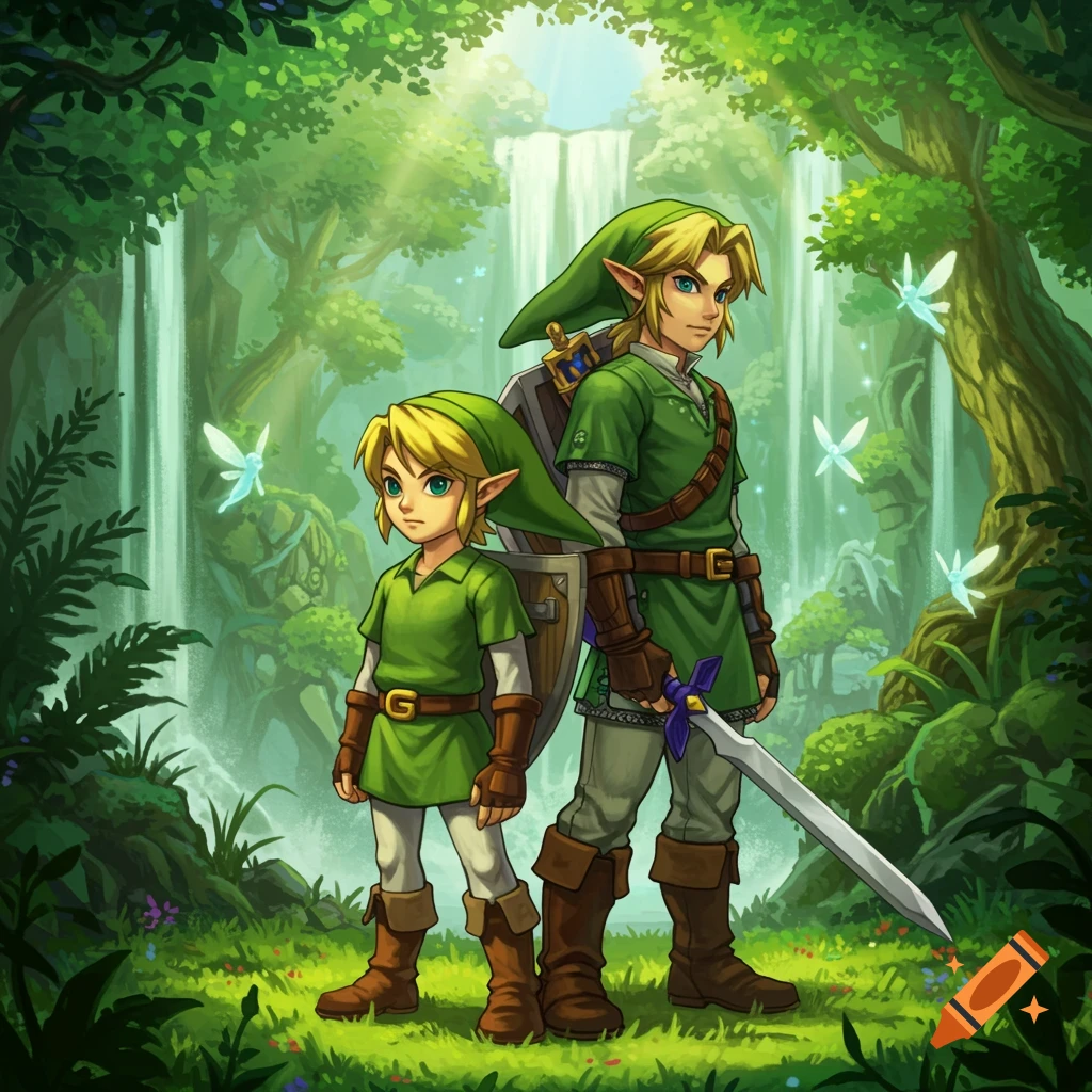 Young Link and Adult Link are standing in a lush forest with a waterfall and fairies.