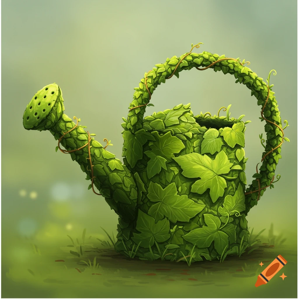 A watering can covered in green leaves and vines, sitting on grassy ground.