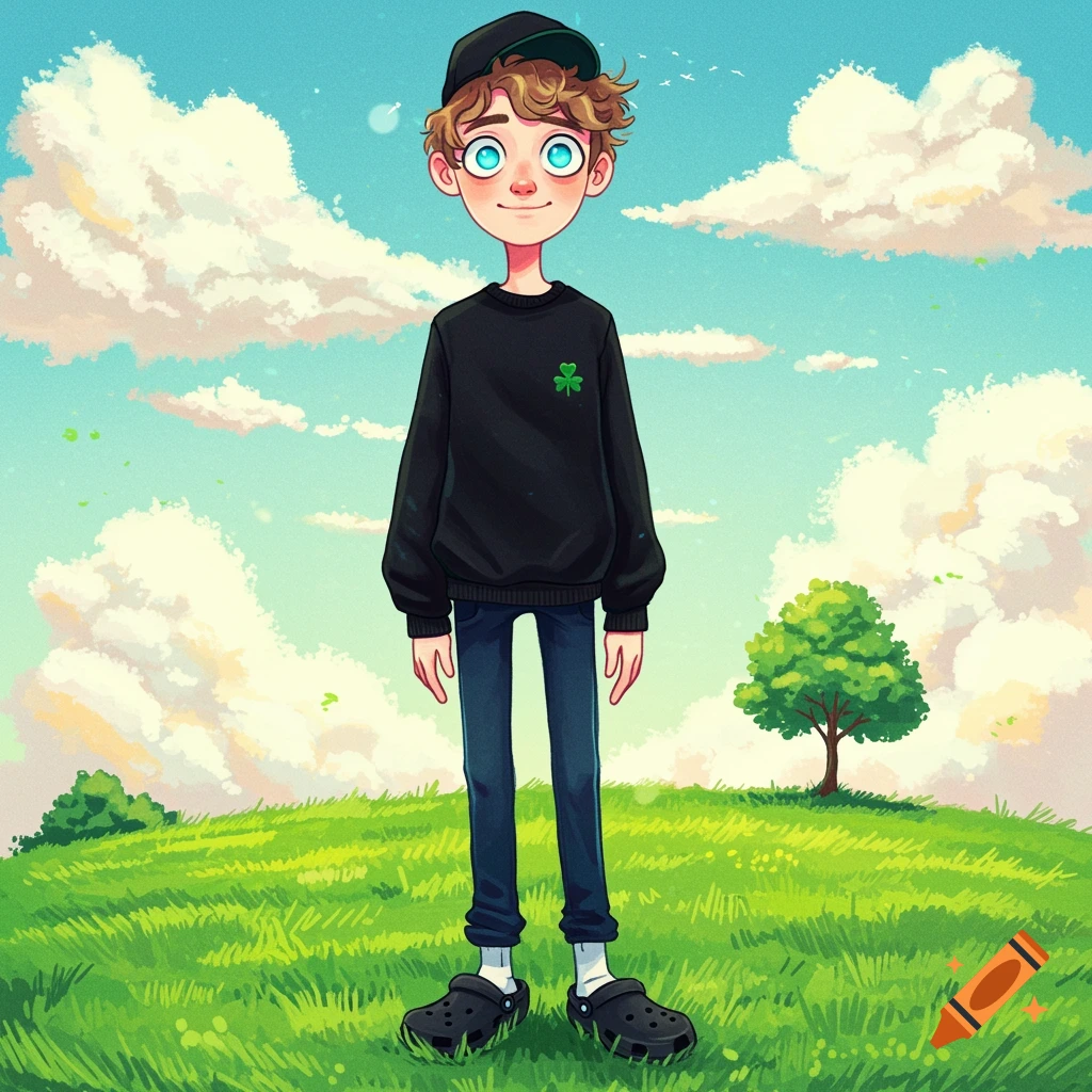 Cartoon of a boy wearing a black sweatshirt, jeans, and black Crocs in a grassy field under a cloudy sky.