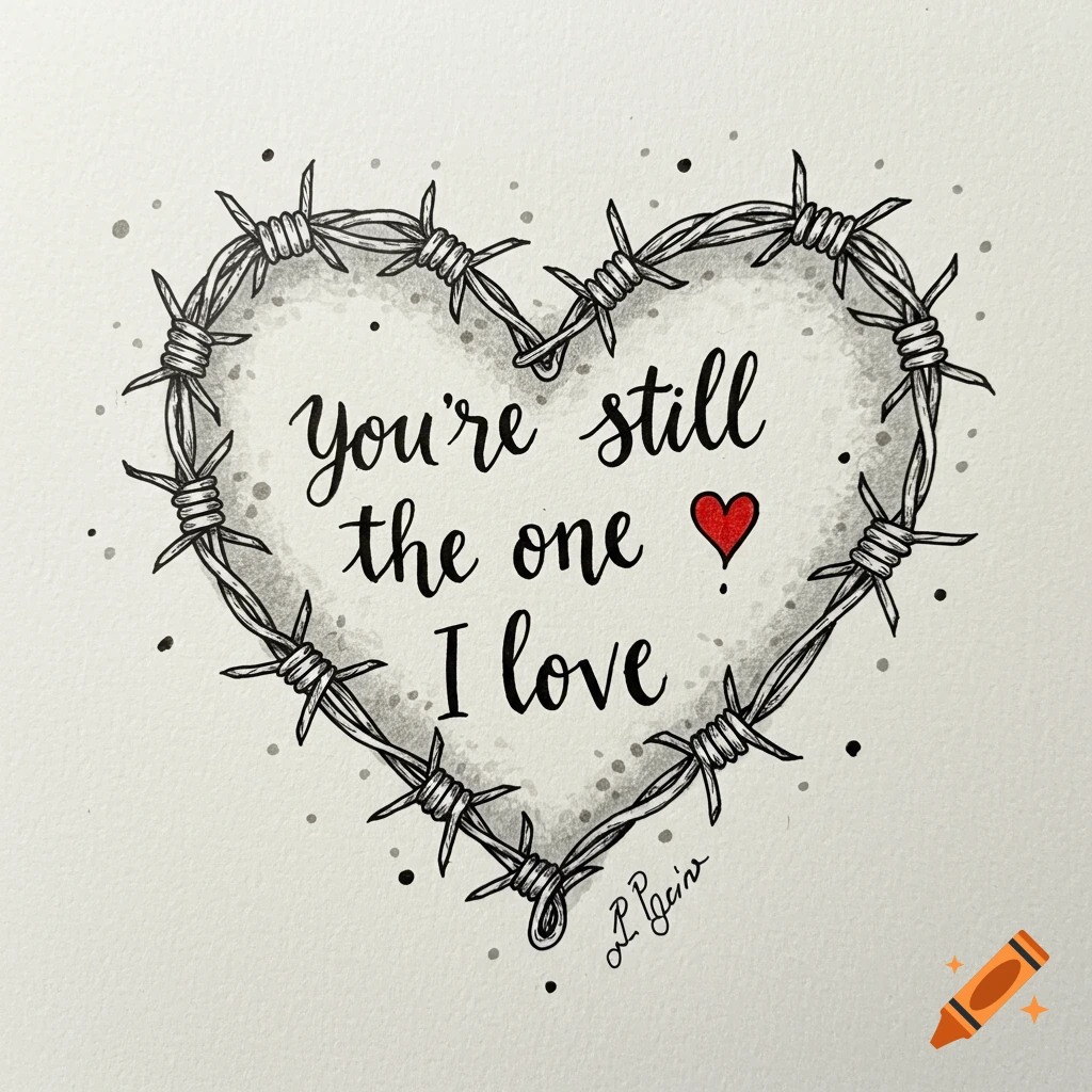 Sketch of a heart made of barbed wire with the text 'You're still the one I love' inside