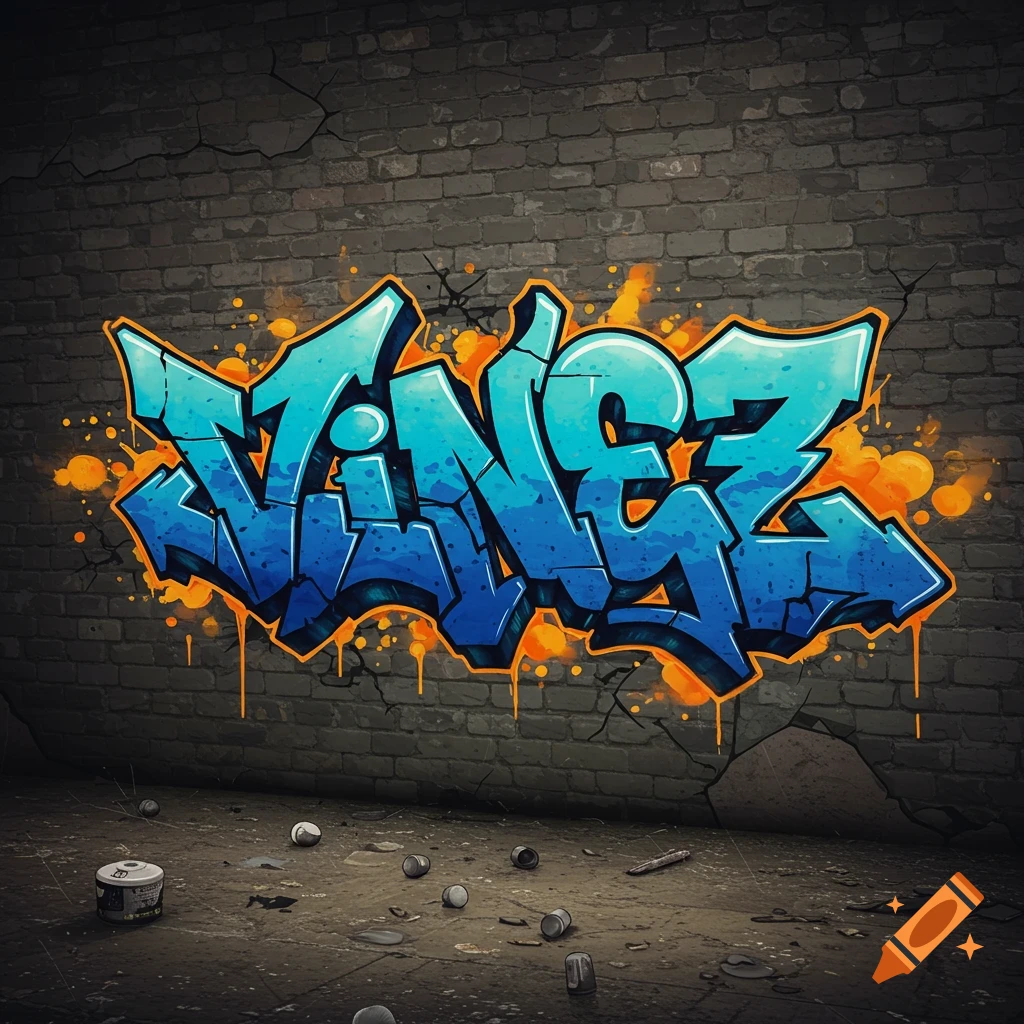 Blue and orange graffiti spelling VINEZ on a brick wall with spray cans on the ground.