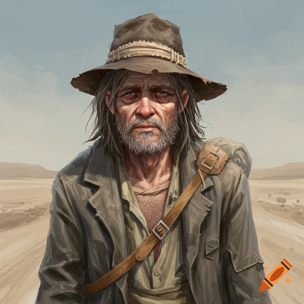 A weathered drifter wearing a hat and carrying a satchel