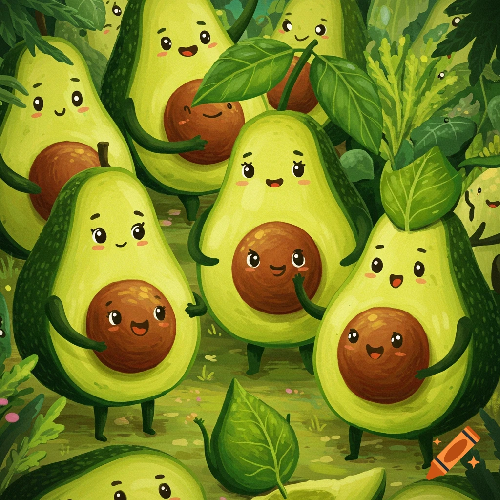 Happy cartoon avocados with faces and limbs in a forest setting.