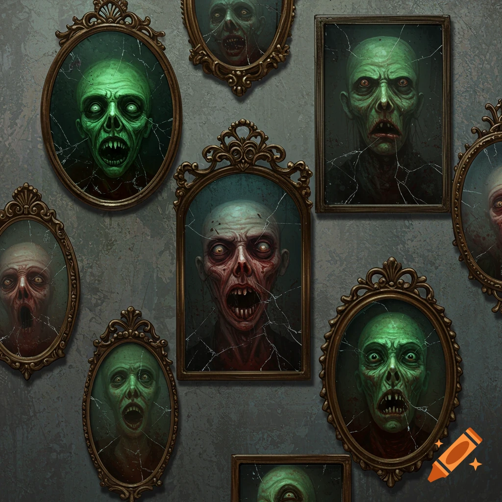 Multiple creepy zombie faces in ornate, cracked frames on a wall.