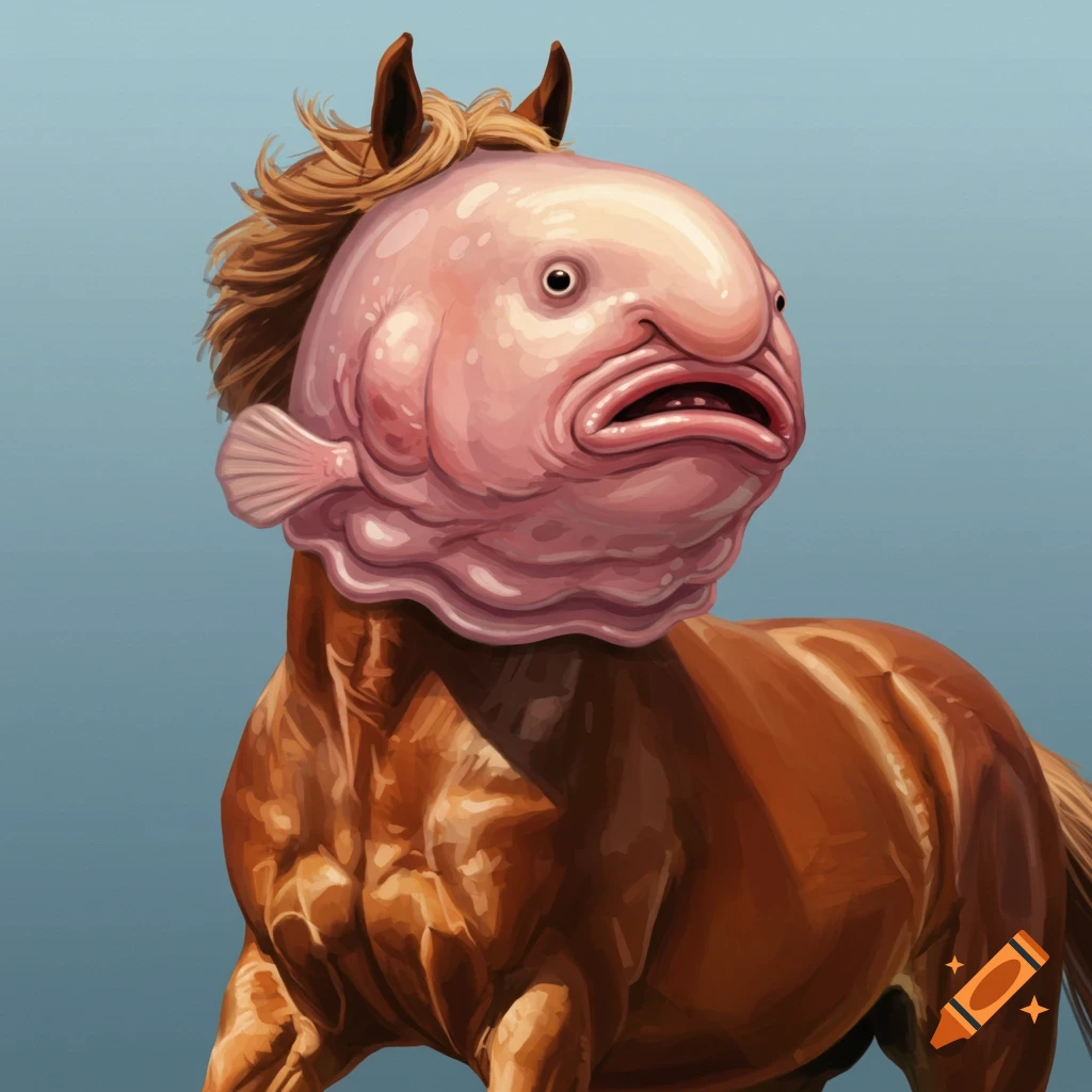 A creature with a pink blobfish head and a brown horse body.