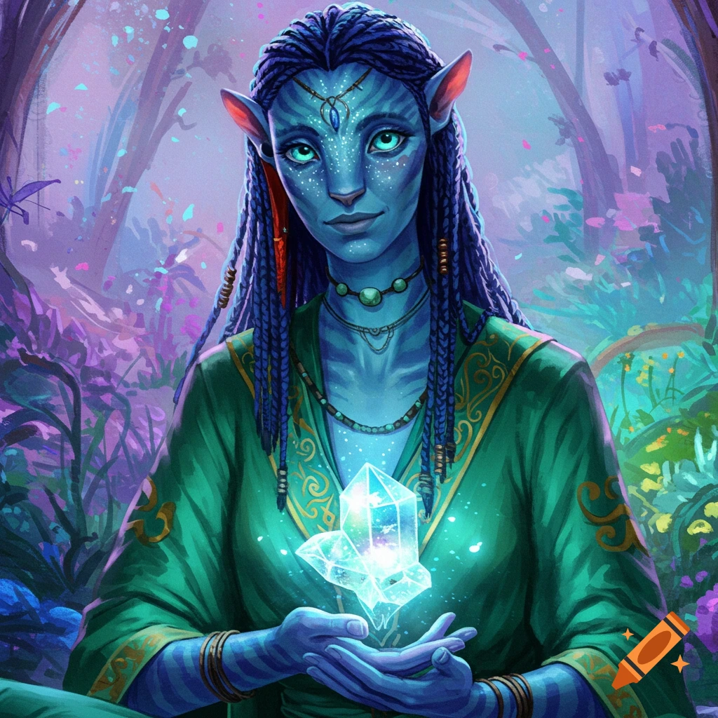 Blue-skinned alien woman in a forest, holding a glowing crystal.