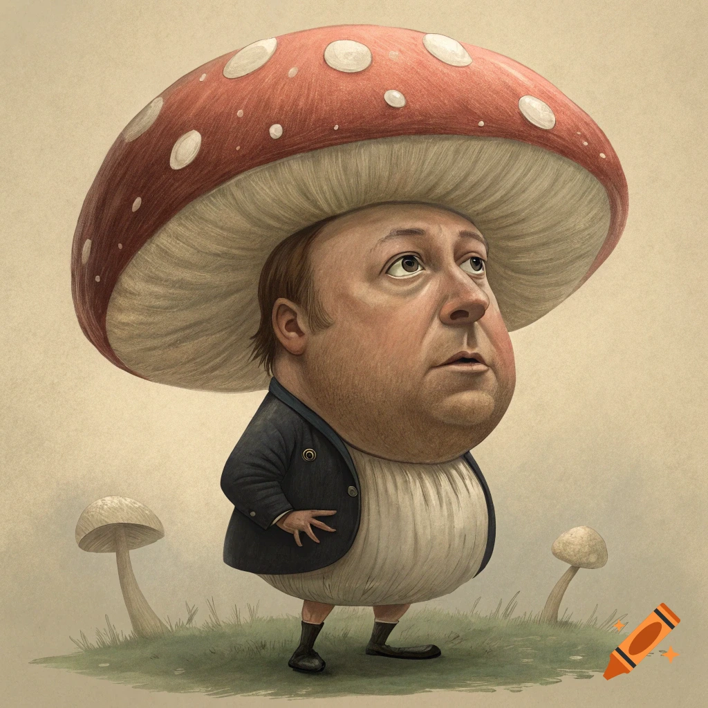 A caricature of a person with a large mushroom cap for a head, standing in grass with smaller mushrooms.